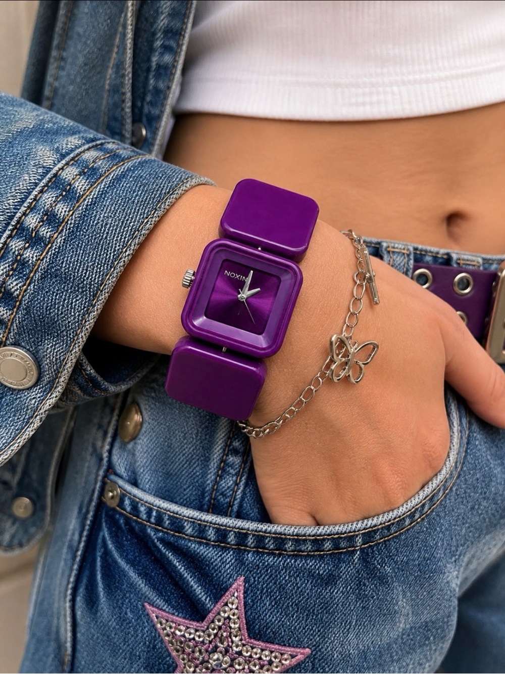 Nixon “The Misty” Purple Y2K Chunky Link Watch -Square Face- Needs Battery